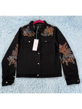 Kyla Seo Small  Embroidered Back and Sleeves Dark Denim Jean Jacket NWT